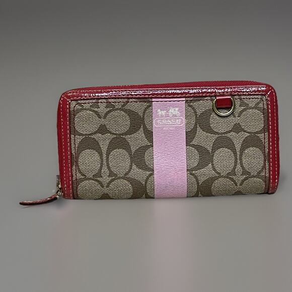Coach Heritage Wallet Khaki Pink Stripe Accordion Zip Signature Canvas Classic - Picture 1 of 8